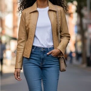 Wilda Women's Leather Jacket in camel with removable zip lining vintage LARGE
